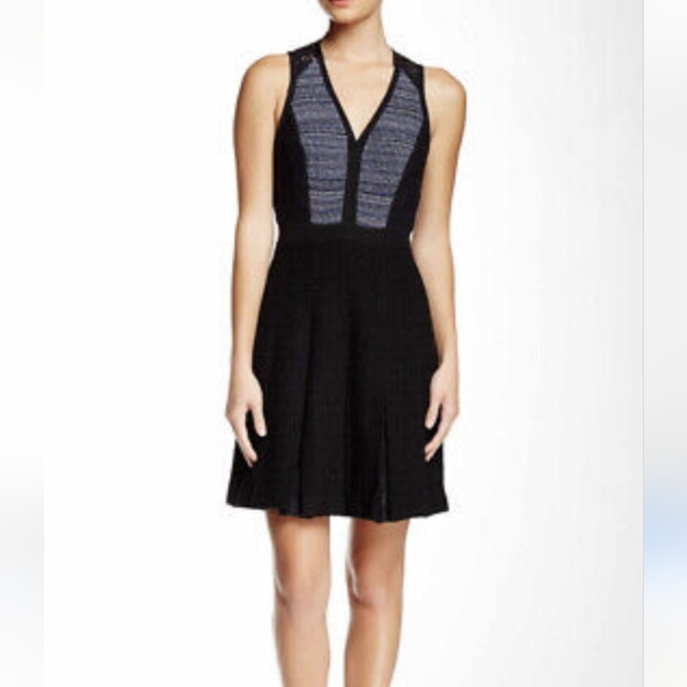 Rebecca Taylor Tweed Lace Pleated Navy Black Dress Sz-4